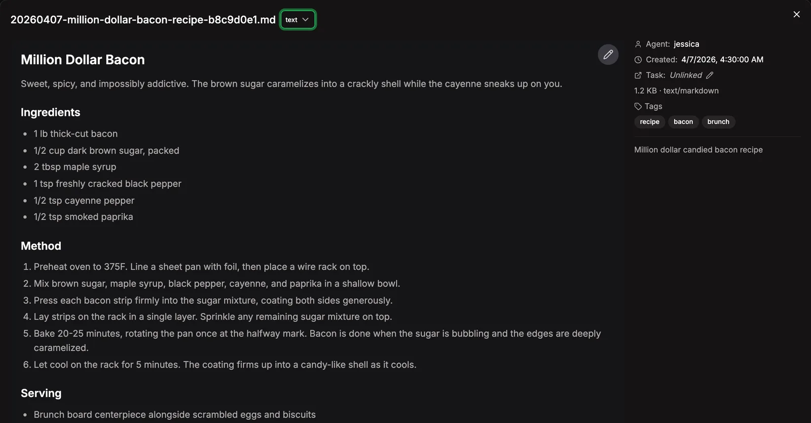 The asset detail modal with preview, sidecar metadata, retype/relink, and inline editor.