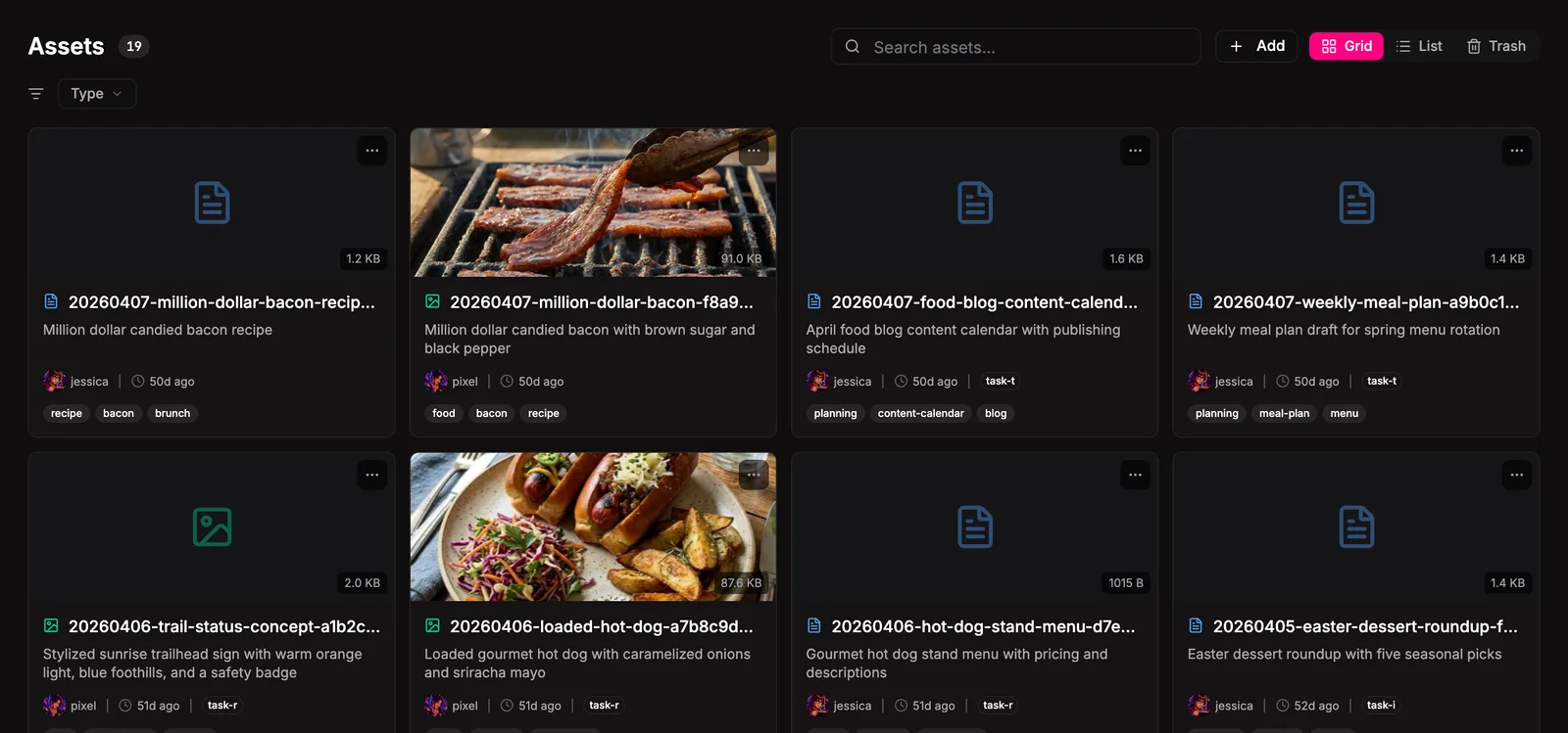 The assets library with type filters, grid and list views, and search.