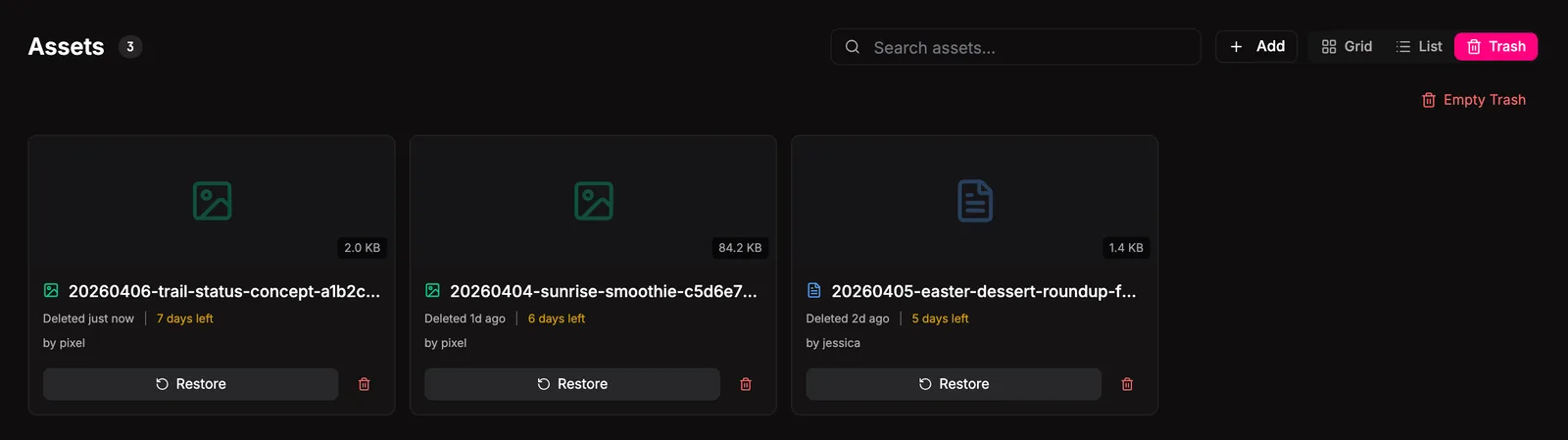 The trash view with restore and permanent-delete actions.