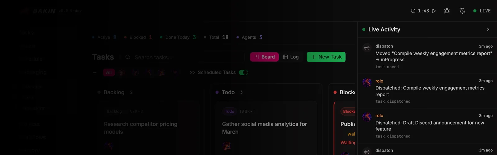 The live activity drawer streaming real-time agent events.