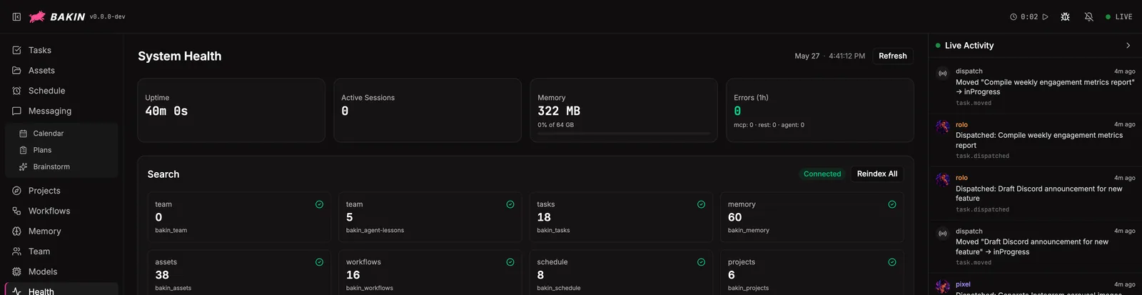 The health dashboard: cost and context cards, usage tabs, doctor results, system status, all in one feed.