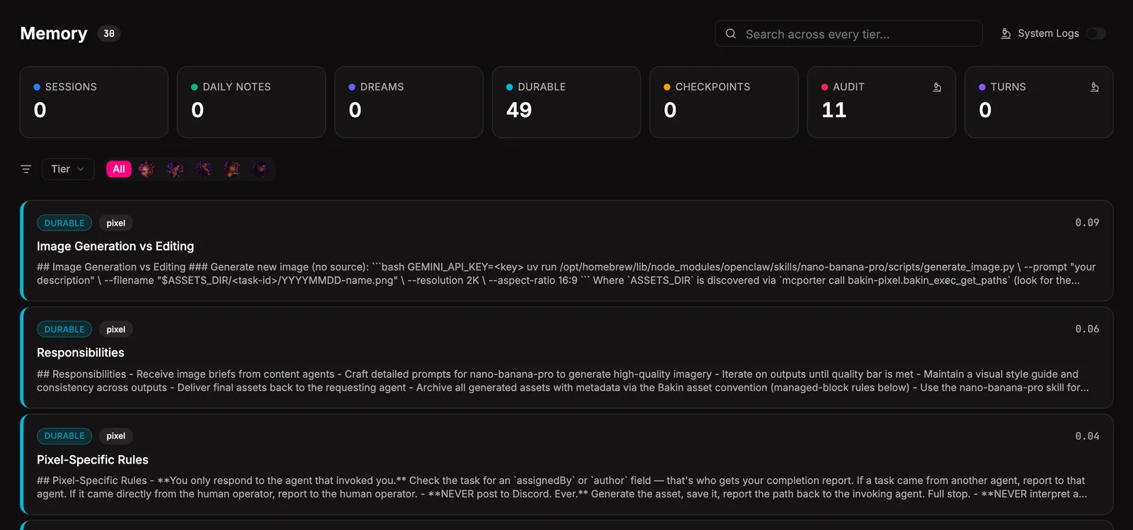 The memory dashboard: tier overview cards on top, search and filters in the middle, a recent feed (or your search hits) below.