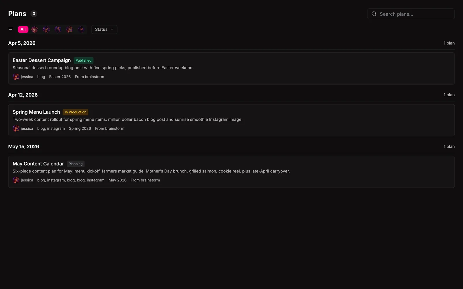 The content calendar with status, agent, content type, channel, and search filters above.