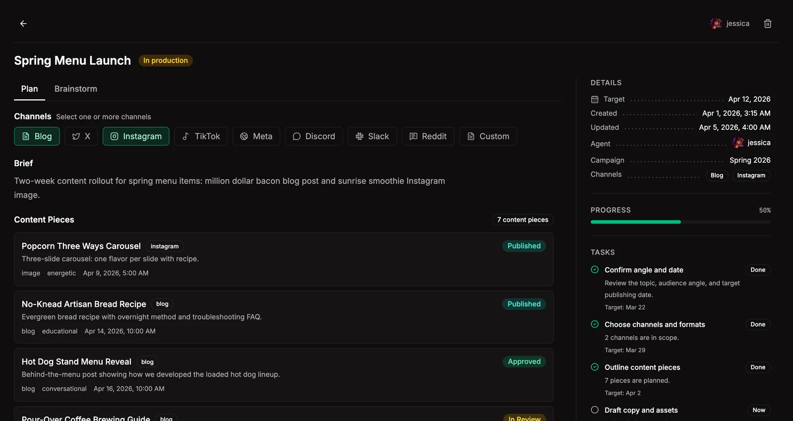 A Plan workspace with timeline, tasks, brainstorm context, and content-piece review.