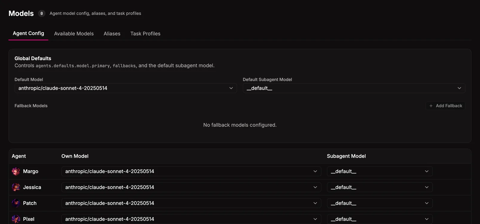 The models view: agent config on top, with tabs for the available catalog, aliases, and task profiles.