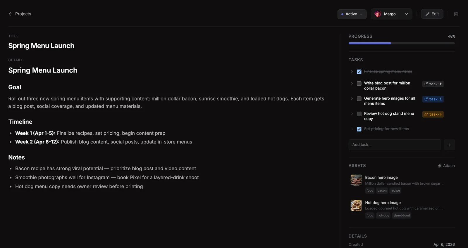 The brainstorm panel inside a project: chat thread with an agent, reference material, and task suggestions in context.
