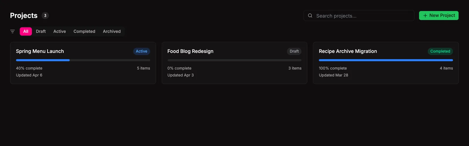 The projects grid with status tabs and per-card progress.