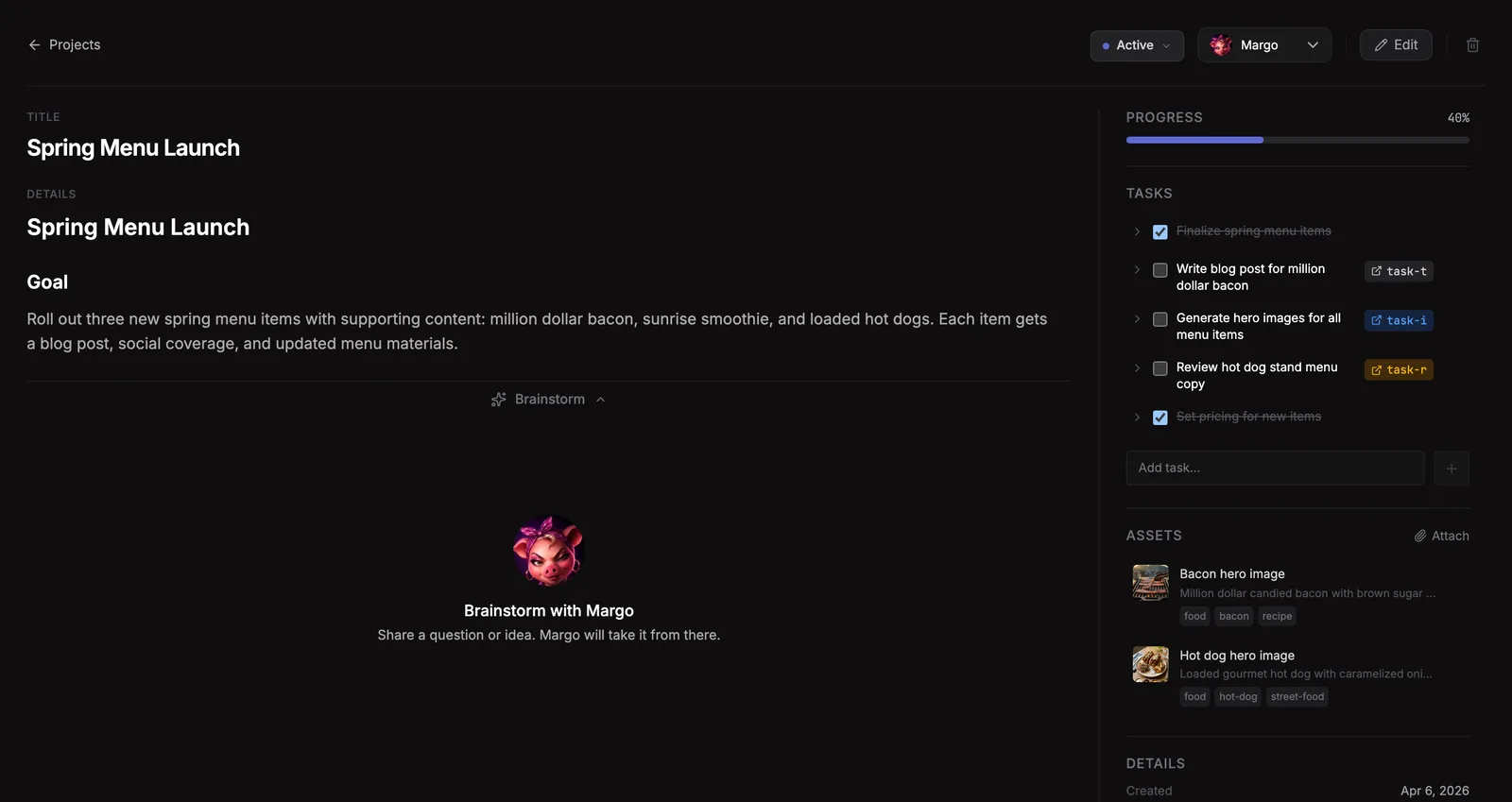 The tasks panel inside a project: plain checkboxes alongside linked board tasks with live status.
