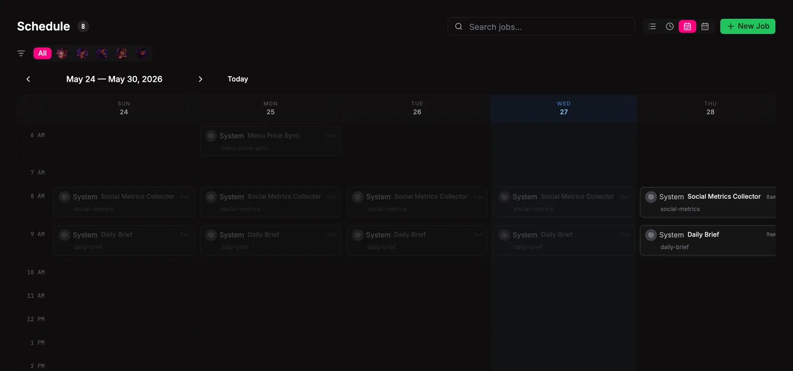 The schedule view in list mode, with today/week/month calendar toggles in the header.