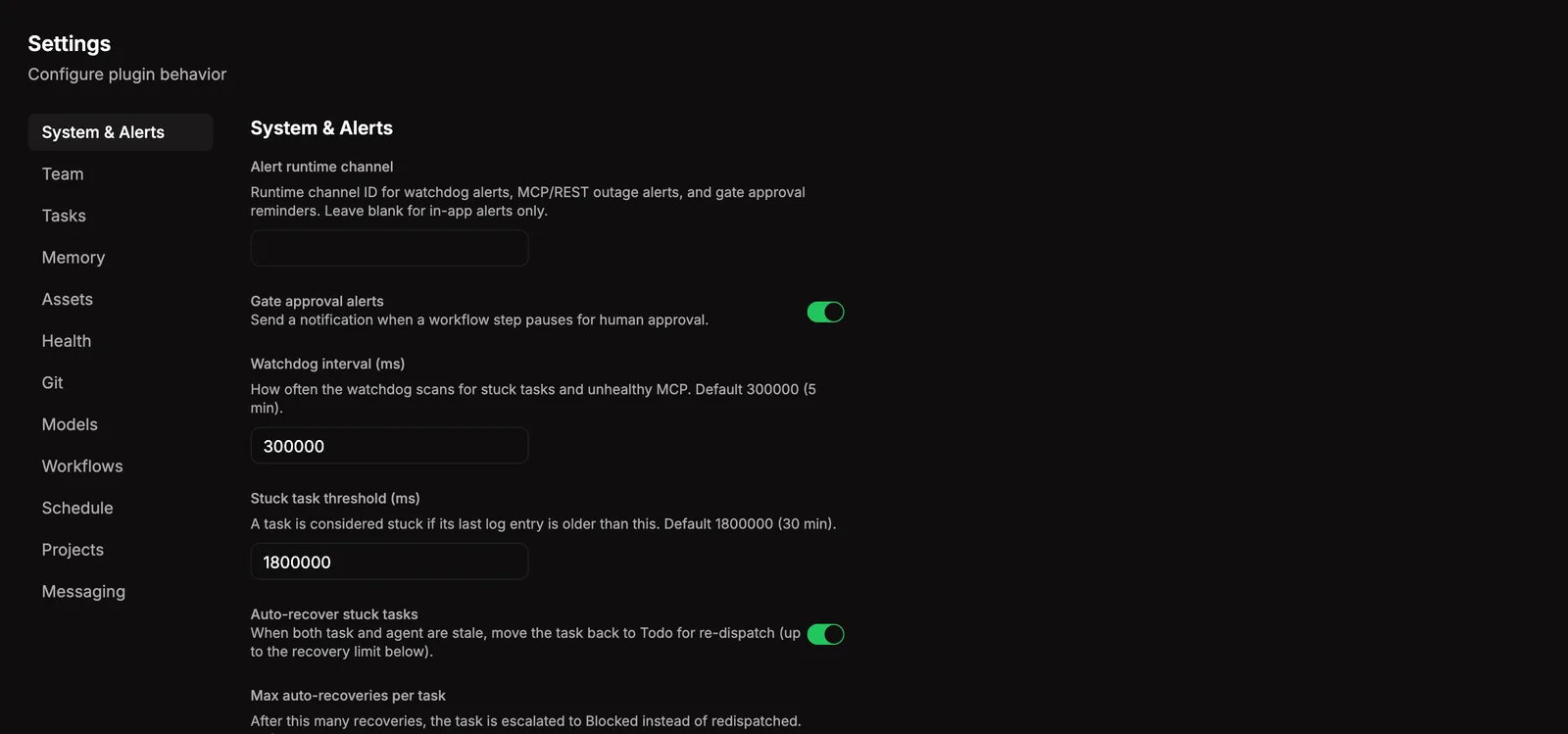 The settings panel, gear icon top-right of the dashboard. Tabs on the left, fields on the right.