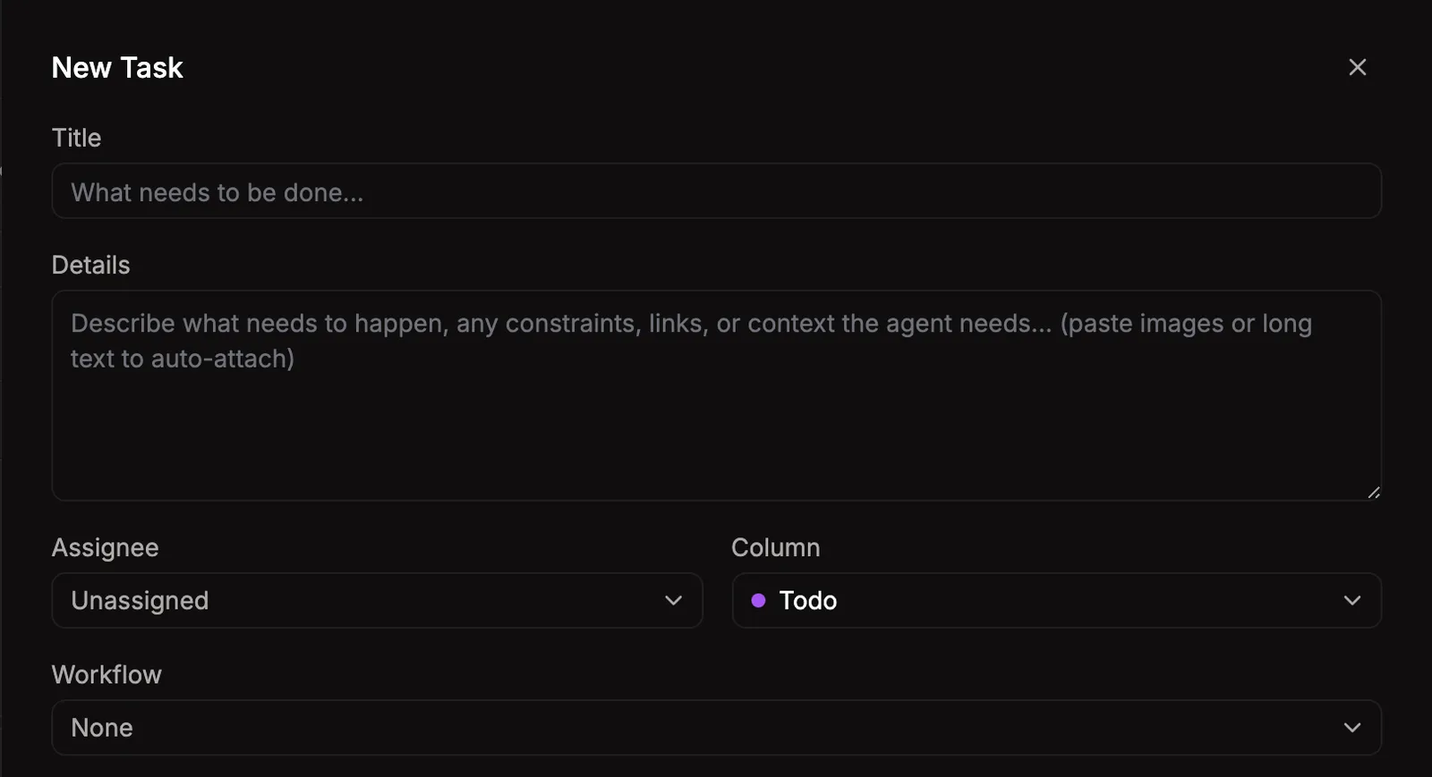 New-task dialog with title, owner, and optional workflow fields.