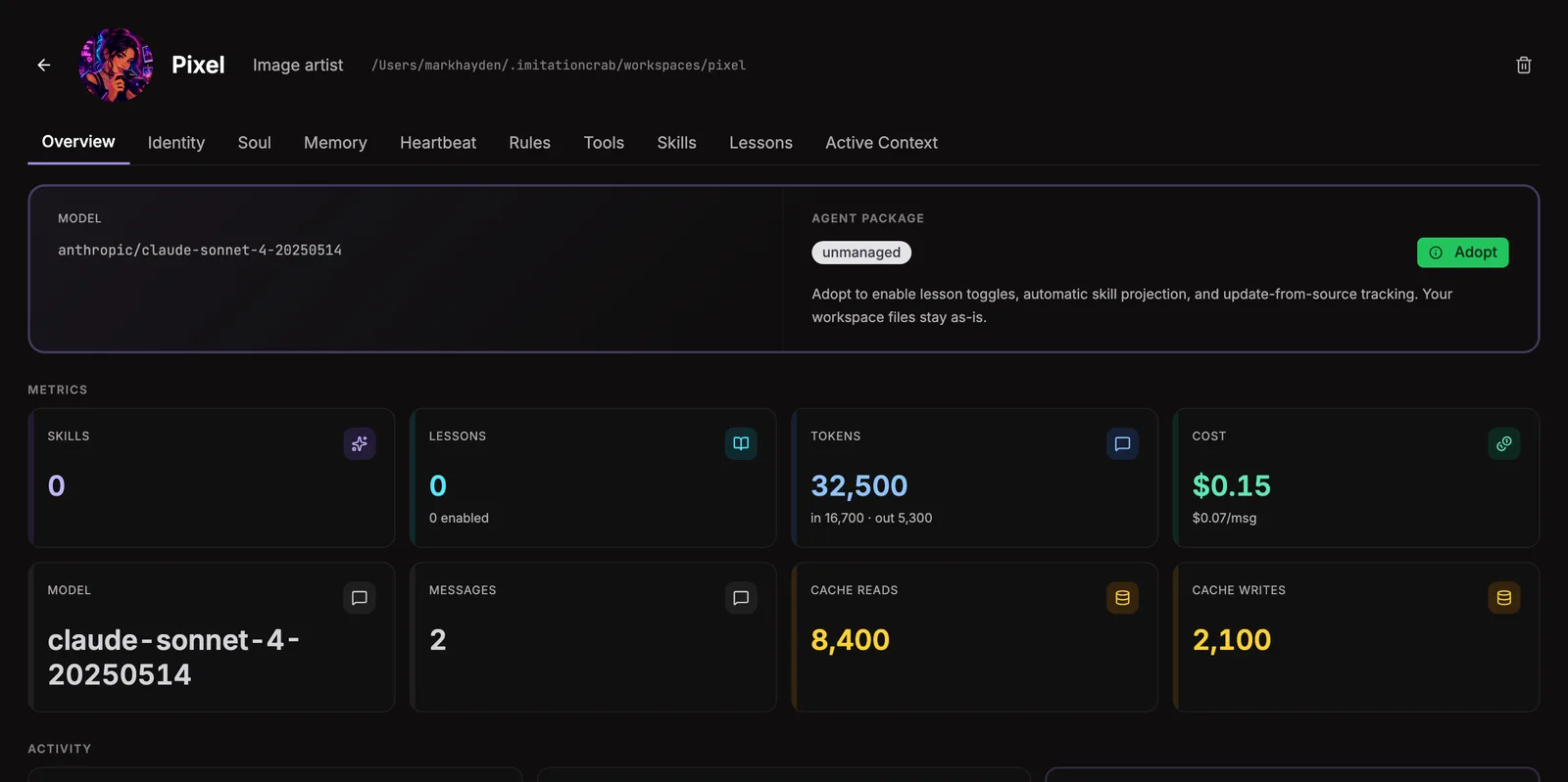The profile with tabs across the top, agent identity on the left, edits land in the runtime when you save.